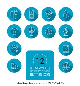 Iconos vectores. Imagen de diferentes energías y cuidado del planeta. Reciclaje, mundo verde, reutilizable y biodegradable. Iconos de línea de botón.