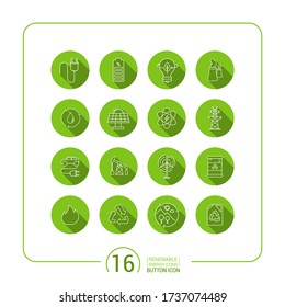 Iconos vectores. Imagen de diferentes energías y cuidado del planeta. Reciclaje, mundo verde, reutilizable y biodegradable. Iconos de línea de botón.