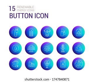 Vector icons. Image of different energies and care of the planet. Recycling, green world, reusable and biodegradable. Button line icons.