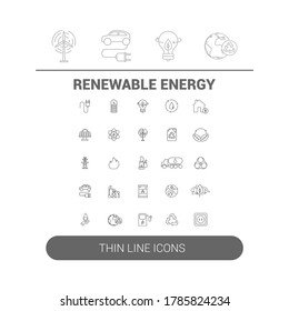 Vector icons. Image of different energies and care of the planet. Recycling, green world, reusable and biodegradable. Line icons.
