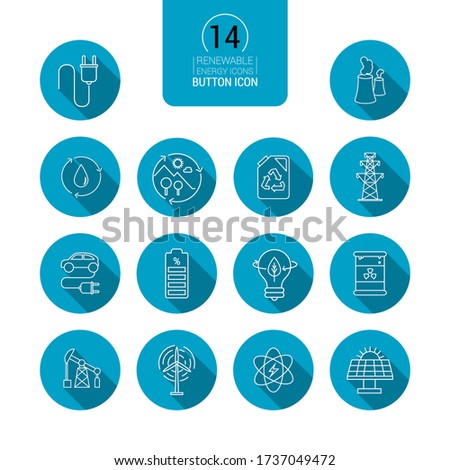 Vector icons. Image of different energies and care of the planet. Recycling, green world, reusable and biodegradable. Button line icons.