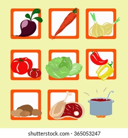 vector icons with the image of the ingredients for cooking soup or borscht