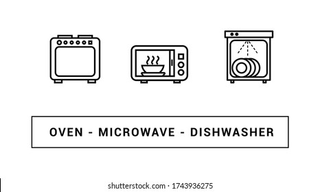 Vector icons. Image of an oven, microwave and dishwasher. Line icons.