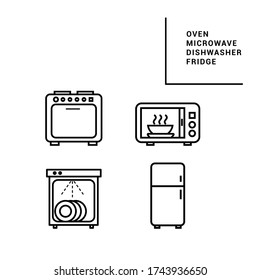 Iconos vectores. Imagen de horno, microondas, lavavajillas y nevera. Iconos de línea.