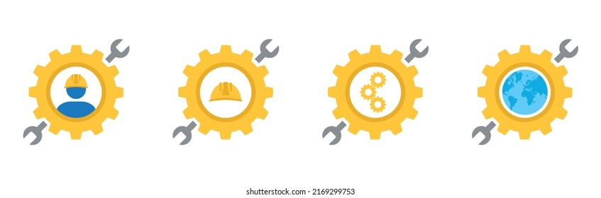 Vector Icons Of Industrial Symbols And Equipments. Yellow Cogwheels, Blue Collar Worker, Yellow Safety Hat, Grey Wrench And Globe.