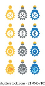 Vector icons of industrial symbols and equipments with alternative styles and colors. Blue, yellow and grey. Workers in safety hats ,cogwheel, wrench and globe.
