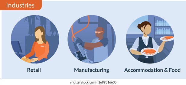 Vector Icons Of Industries Hit Hard By Coronavirus Outbreak: Retail, Manufacturing/auto, Accommodation And Food, Hospitality. Use For Economic Sectors, Economy, Unemployment Rate And Job Search