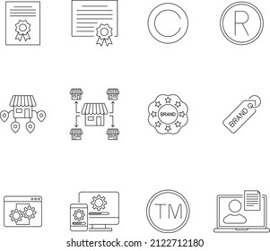 Vector Icons Of Intangible Assets. Editable Stroke. Business Set Symbols Patents Copyright Franchises Goodwill Trademarks Brand Self-developed.