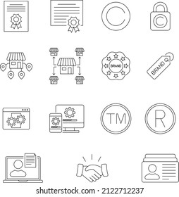 Vector Icons Of Intangible Assets. Editable Stroke. Business Set Symbols Patents Copyright Franchises Goodwill Trademarks Brand Self-developed.