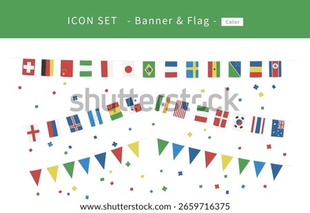 Vector icons of international flags and bunting banners. Great for school events, cultural festivals, and celebration-themed materials.