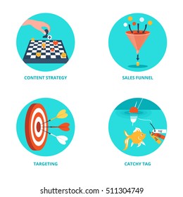 Vector icons for Internet Marketing. Content strategy, targeting, sales funnel, catchy tag.