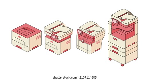 Vector icons of isometric office MFPs. Printer logo in pink and bright yellow