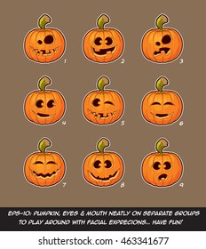 Vector icons of Jack O Lantern in 9 happy, funny n goof expressions. Each expression on separate Layer; Pumpkin, Eyes & Mouth on separate groups for further exploration of facial expressions. 