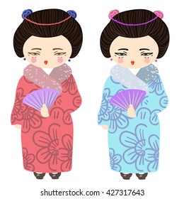 vector icons of Japanese geisha dressed in traditional kimono attire. Japanese kimono with cherry print. 