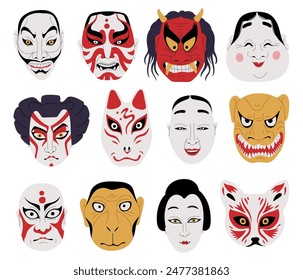 Vector icons of Japanese Kabuki masks on a white background. Traditional images with a drawing of a samurai, Okami, demons, Kitsune fox for decorations and theatrical motifs