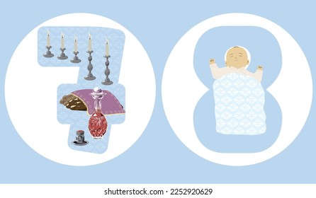 Vector icons of the jewish song Who Knows One? A Passover Seder Counting lyrics. Seven are the days of the week. Eight are the days of the circumcision. Symbols of numbers in Judaism. Artistic 