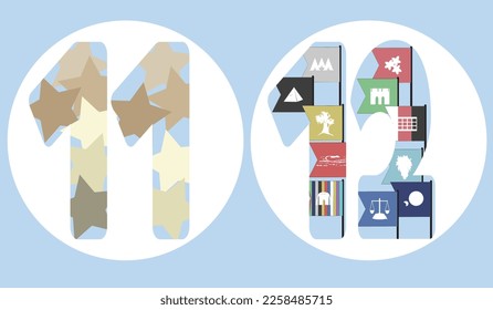 Vector icons of the jewish song Who Knows One? A Passover Seder Counting lyrics. Eleven are the stars of Joseph's dream. Twelve are the tribes of Israel. Symbols of numbers in Judaism. Artistic style.