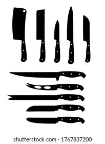 Vector Icons of kitchen knives big set. Set of butcher meat knives for butcher shop and design butcher themes.