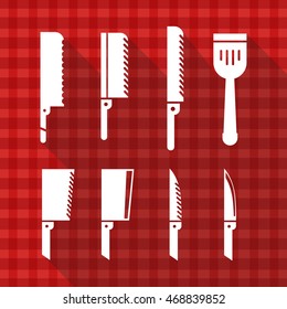 Vector Icons of kitchen knives on red tablecloth texture with long shadow design 