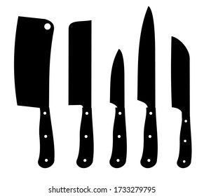Vector Icons of kitchen knives set. Set of butcher meat knives for butcher shop and design butcher themes.