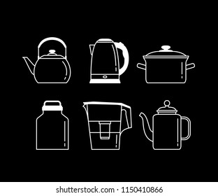 Vector icons of kitchen objects. Set of 3 teapots, water filter, 
saucepan and water-can. Outline.