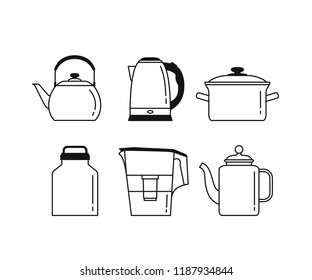 Vector icons of kitchen objects. Set of 3 teapots, water filter, 
saucepan and water-can. Outline.