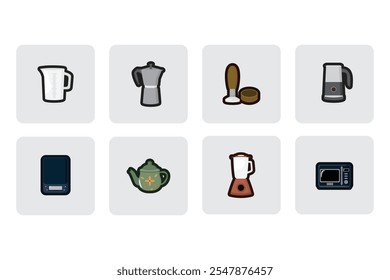 Iconos vectoriales Juego de cocina Electrodomésticos y utensilios: taza medidora, mocha, templador de café, vaporizador de leche, básculas de alimentos, tetera, licuadora, microondas