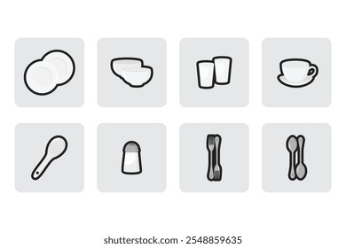 Vector Icons Kitchen set Appliances and Utensils - Bowl, Coffee Mug, Glass, Plate, Ladle Rice, Saltshaker, Spoon, Fork