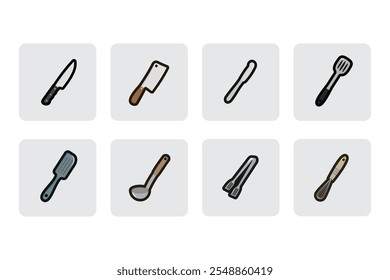 Iconos vectoriales Conjunto de cocina Electrodomésticos y utensilios - cuchillo, cuchillo de carnicero, cuchillo de mantequilla, espátula, espátula de silicona, cucharón de sopa, pinzas para alimentos, batidor