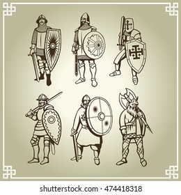 Vector icons knights with weapons on a beige background with ornament