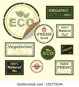 vector icons, labels, on the theme of ecology, fresh food, vegetarian, natural, organic.