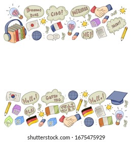 Vector icons. Language learning. Audio course. Spanish, english, italian, french, german, arabic, chinese.