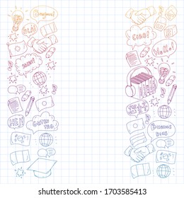 Vector icons. Language learning. Audio course. Spanish, english, italian, french, german, arabic, chinese.