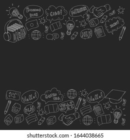 Iconos vectoriales. Aprendizaje de idiomas. Español, inglés, italiano, francés, alemán, árabe, chino.