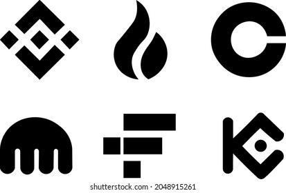 Vector icons of the largest cryptocurrency exchangers. Binance exchanger, Huobi Global, Coinbase Exchange, FTX, Kraken, KuCoin black icons on a white background. Finance. 