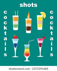 Vector icons of layered cocktails - B-52, rainbow, iceberg, Irish flag, ABC, with cherry liqueur