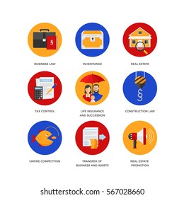 Vector icons of legal services like business and construction law, real estate, inheritance and tax control. Flat design