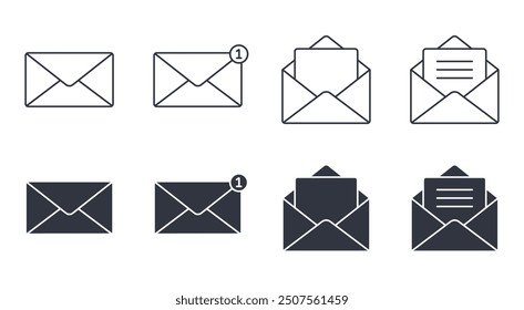 Iconos de vector carta de correo. Compruebe el correo electrónico, nueva información del mensaje. Dirección por correo electrónico, correspondencia comercial y notificación en redes sociales. Línea delgada de trazo editable y conjunto sólido negro.