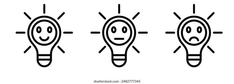 Vector icons of lightbulbs with three different emotions (happy, neutral, sad), representing ideas and feedback. Simple black and white design. Editable stroke.