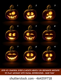 Vector icons of a lighten Jack O Lantern glowing in the dark in 9 Happy, Funny & Goof expressions. Each expression on separate Layer. Pumpkin, Eyes, Mouth, Glow and Floor Glow on separate groups.