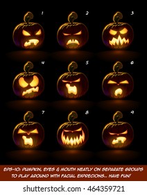 Vector icons of a lighten Jack O Lantern glowing in the dark in 9 Angry expressions. Each expression on separate Layer. Pumpkin, Eyes, Mouth, Glow and Floor Glow on separate groups.