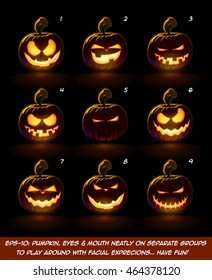 Vector icons of a lighten Jack O Lantern glowing in the dark in 9 Mean, Playful n Naughty expressions. Each expression on separate Layer. Pumpkin, Eyes, Mouth, Glow and Floor Glow on separate groups.