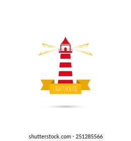 Vector icons lighthouse lighting the way with a ribbon. 