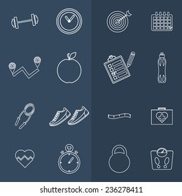 Vector icons in line style - healthy food and training, sport, dieting, weight loss, fitness, healthy lifestyle.