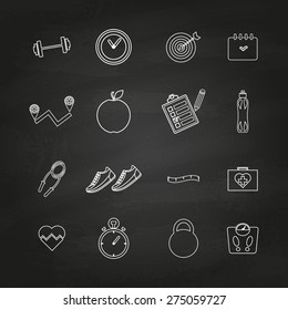 Vector icons in line style - healthy food and training, sport, dieting, weight loss, fitness, healthy lifestyle on chalkboard.