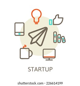 Vector icons in line style - start up. Trendy Illustrations for new businesses, innovation and development with paper plane