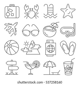 Vector icons lines set collection summer beach tour