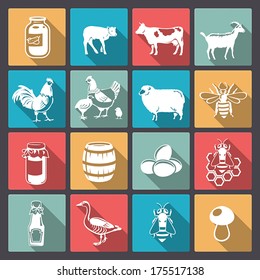 Vector icons of livestock and food from the farm in flat design