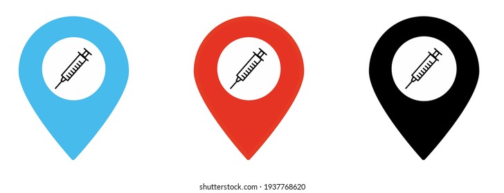 Vector icons of location point with syringe. Vaccination map pin icon blue, red and black.