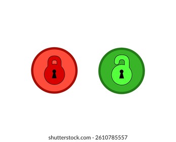 Vector Icons of Locked and Unlocked Padlocks in Red and Green buttons with isolated background. Simple Graphic Representation of Lock and Unlock States in Circular Buttons
